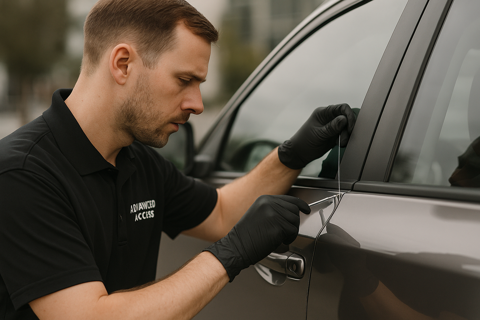 Locksmith from Advanced Access unlocking a car door with a slim jim tool in Kirkland